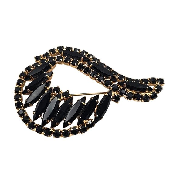 Gold Tone Black Navette Brooch Prong Set Rhinestone Unsigned Swirl Pin Fashion - Picture 1 of 14